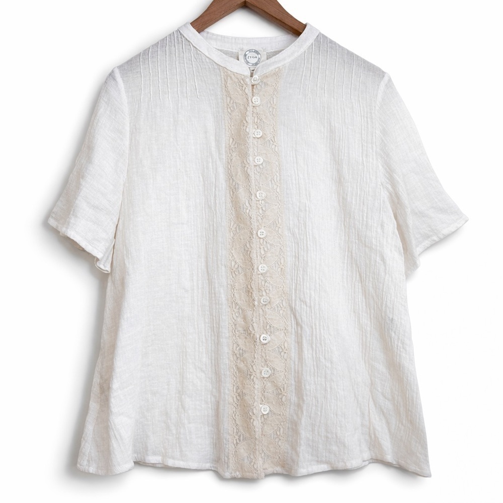 Zyga Lin'n Laundry NWT Medee Chemise Ivory Cotton Gauze Button Up Lace Top FR 40 - Picture 1 of 17